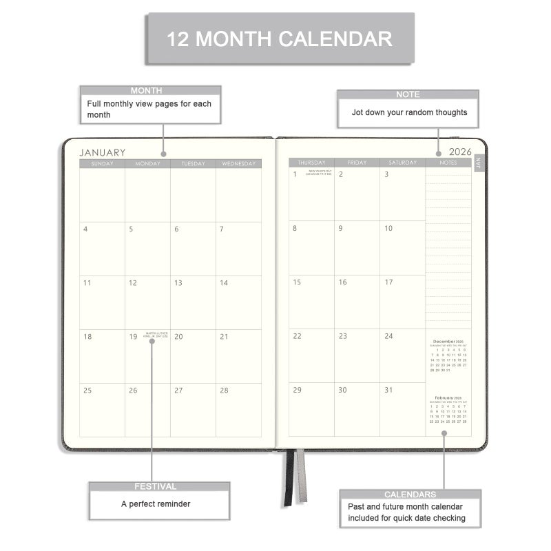 Lemome 2026 Planner - 2026 Weekly & Monthly Planner with Calendar Stickers, JAN 2026 - DEC 2026, 5.75" X 8.25", 2026 Calendar/Planner with Premium Thicker Paper, Pen Holder, Inner Pocket and 44 Notes Pages - Gray - Image 3